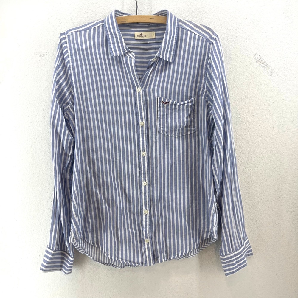 Hollister Button Down Shirt Womens L Blue White Striped Long Sleeve Cotton Coast